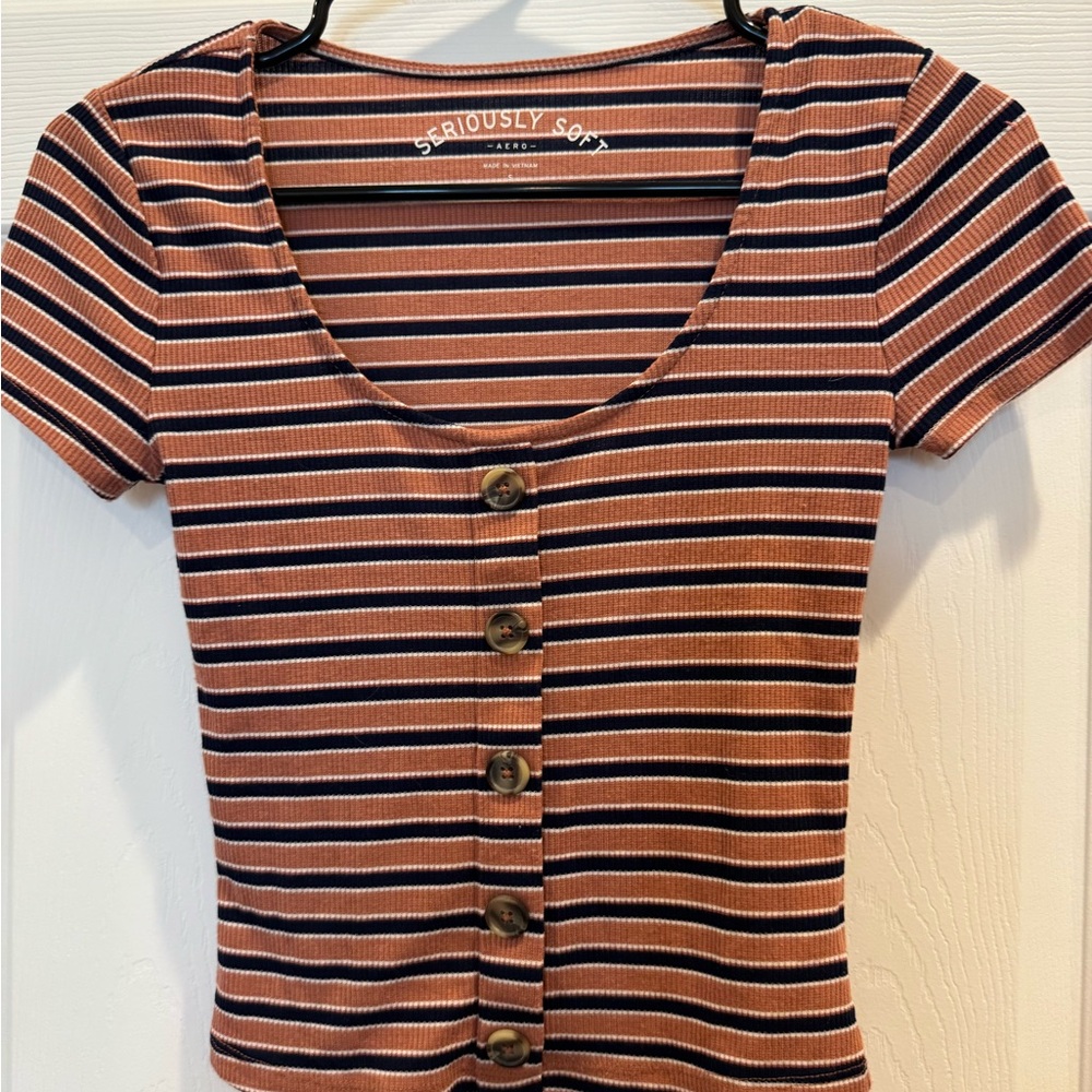 Aeropostale Brown and Black Striped Short Sleeve Top
